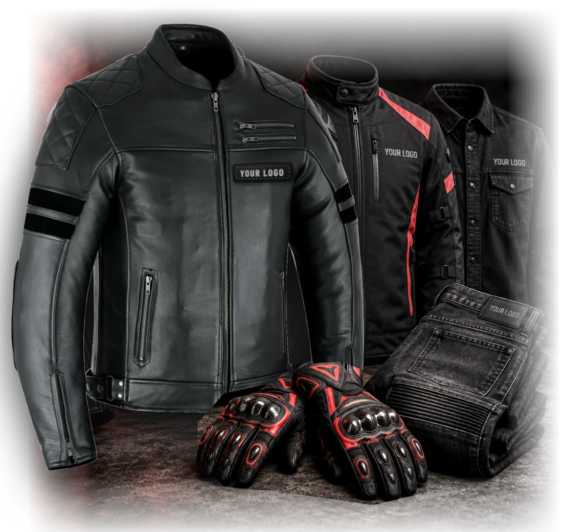 Custom-branded motorcycle apparel: leather jacket with your logo, textile jacket, shirt, jeans and gloves