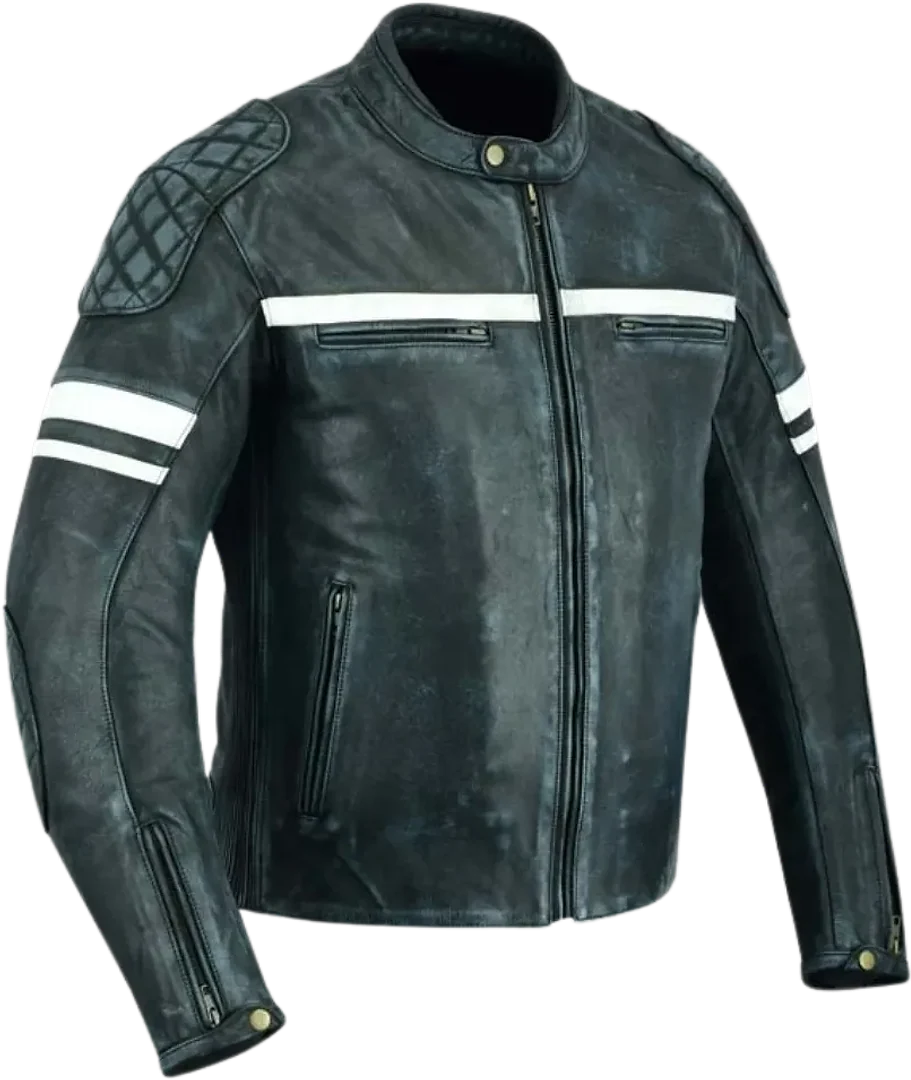 Distressed leather jacket with white chest and sleeve stripes