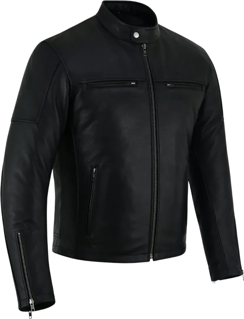Plain black leather motorcycle jacket