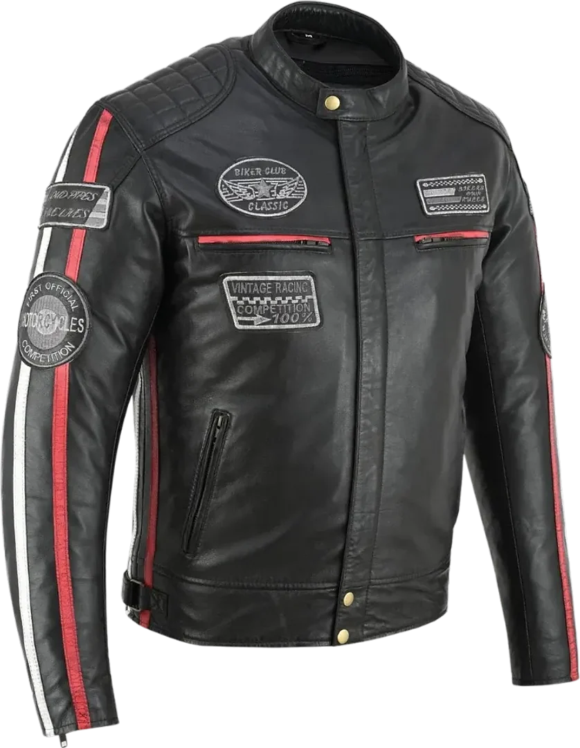 Black leather racing jacket with red and white stripes and patches