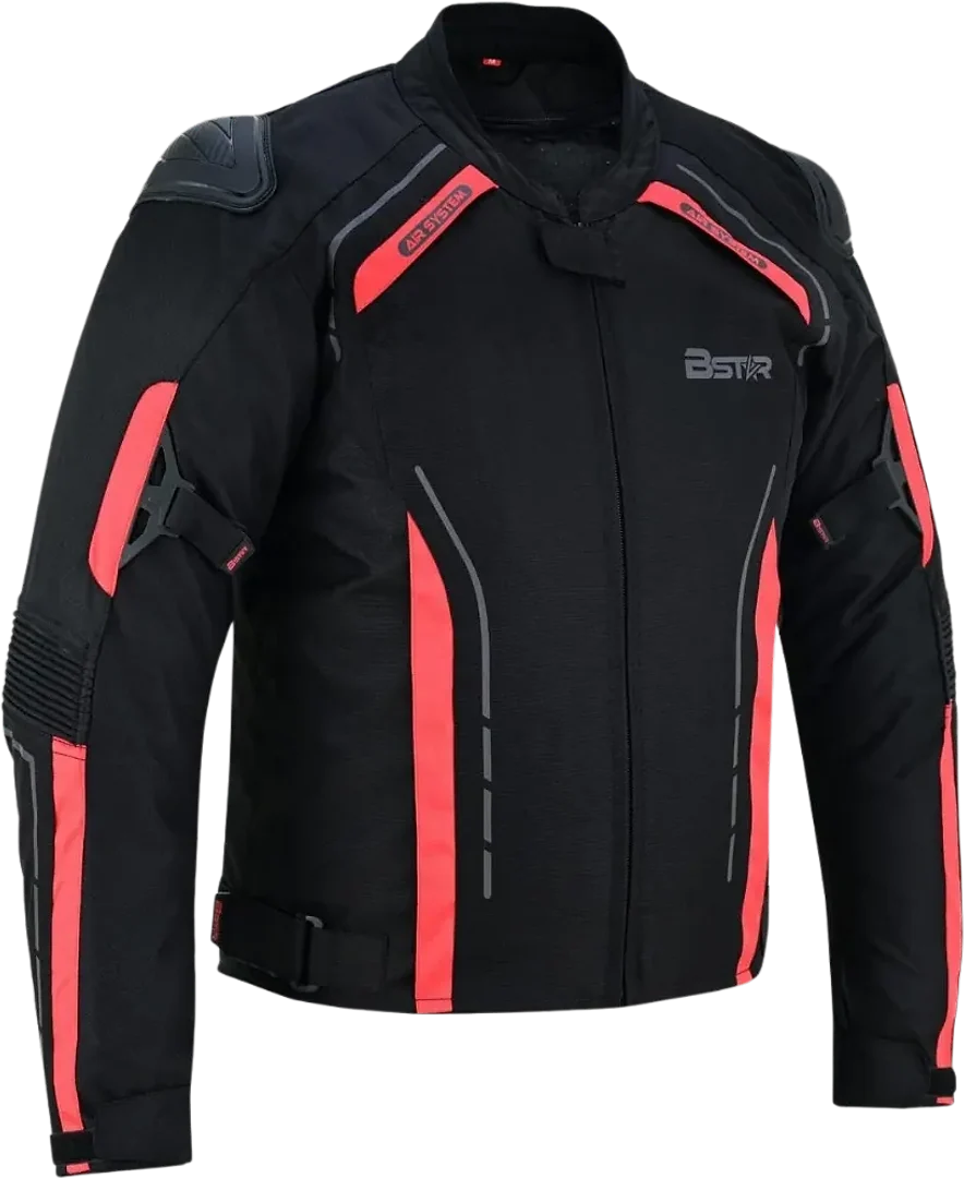 Black and red sport textile jacket with shoulder armour
