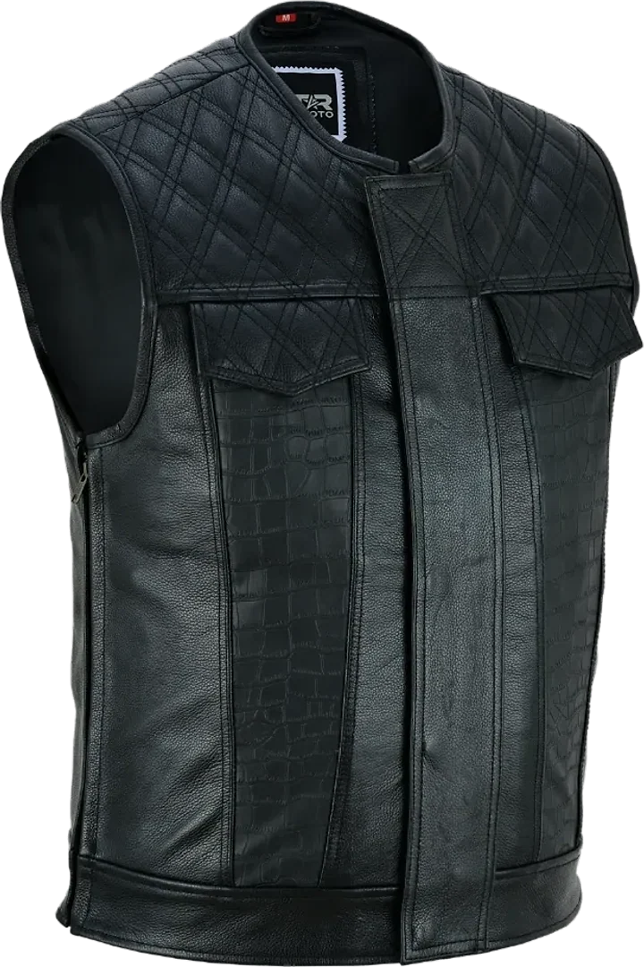 Black leather biker vest with quilted shoulders